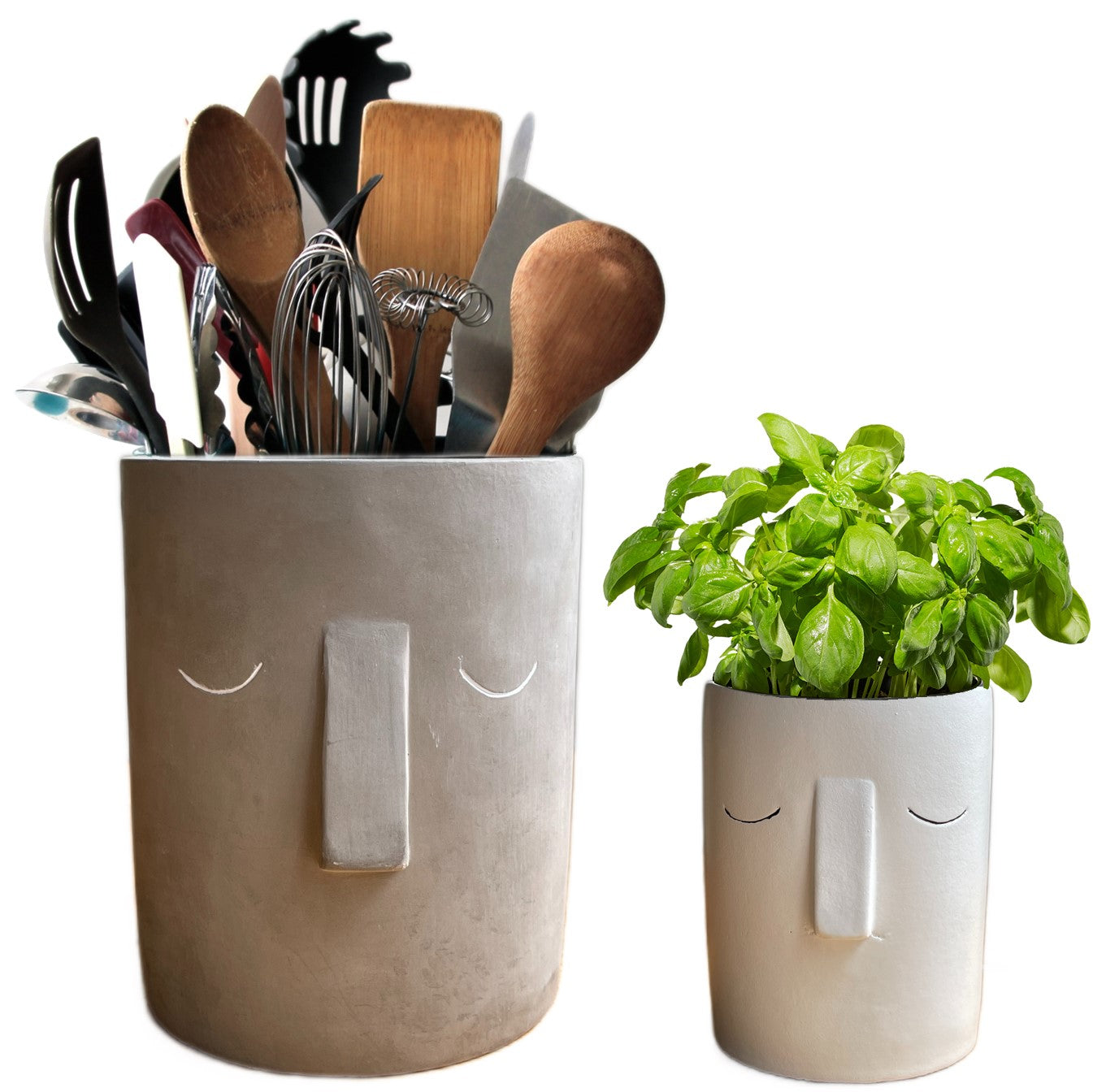 Face Designed Toughed Ceramic Utensil Holders Kitchen or Bathroom - Set of 2 - Natural grey and white