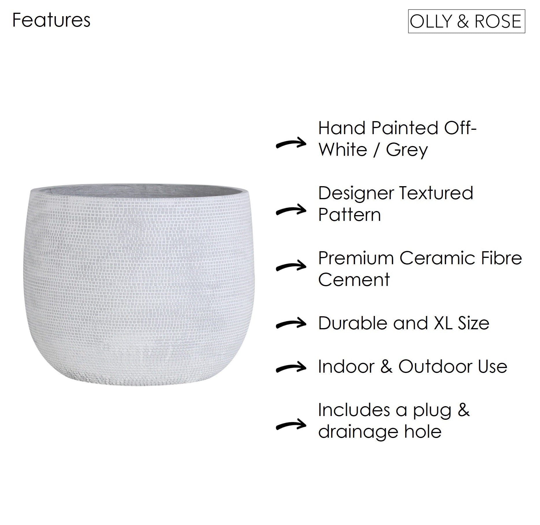 Olly & Rose Extra Large Plant Pot Patterned - Barcelona Off White Garden Planter - XL Flower Pot  - 40cm