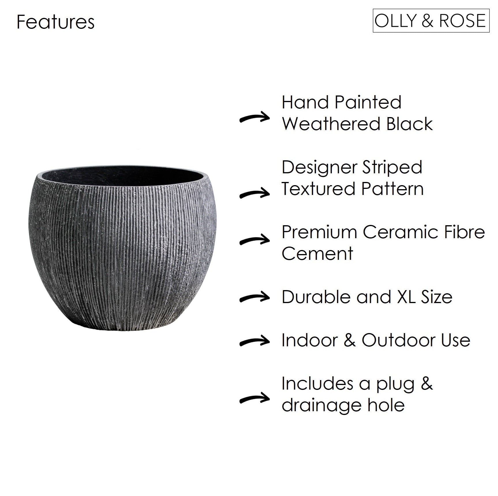 Olly & Rose Extra Large Plant Pot - Charcoal Garden Planter - Distressed Patterned XL Flower Pot  - 46cm