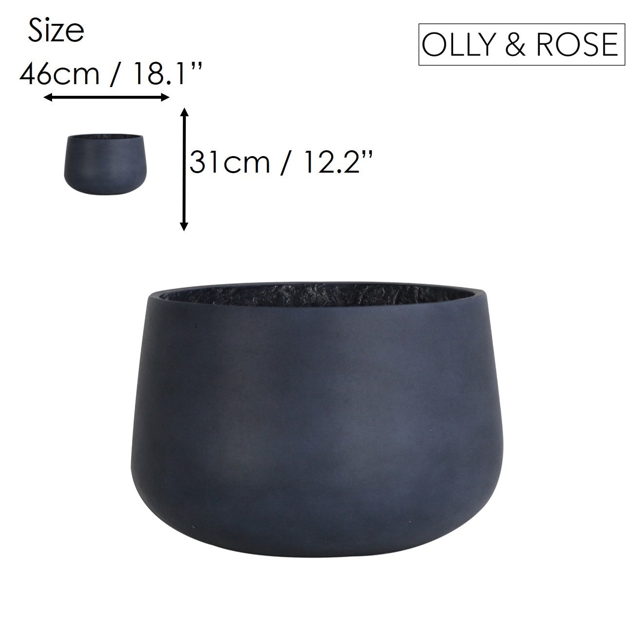 Olly & Rose Extra Large Plant Pot - Black White Wash Garden Planter - XL Flower Pot  - 46 cm 18 inch