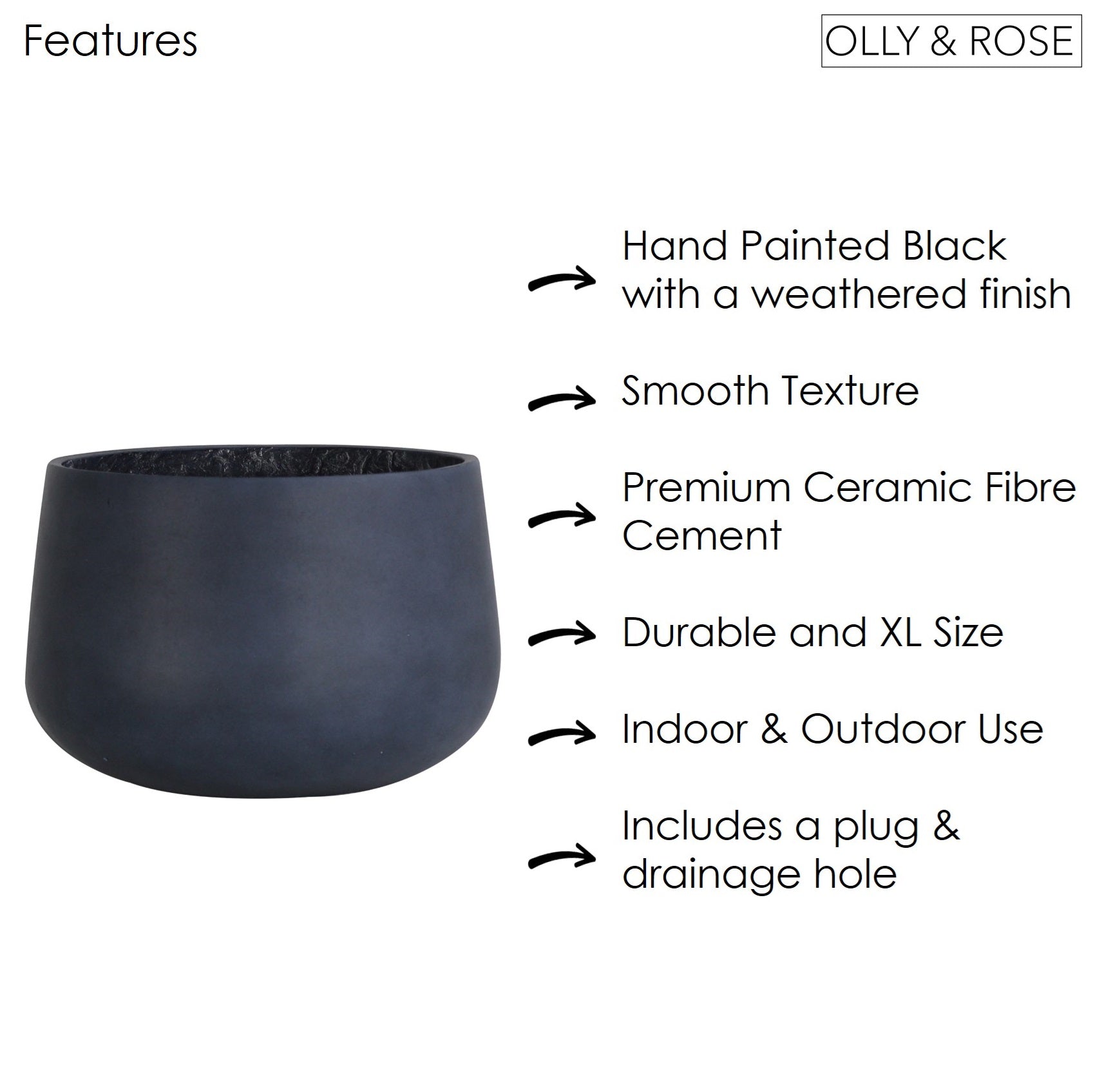 Olly & Rose Extra Large Plant Pot - Black White Wash Garden Planter - XL Flower Pot  - 46 cm 18 inch