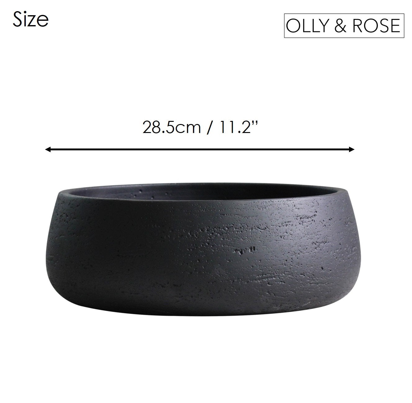 Copenhagen Large Planter Bowl - Matt Black Ceramic Cement Textured Shallow Plant Pot