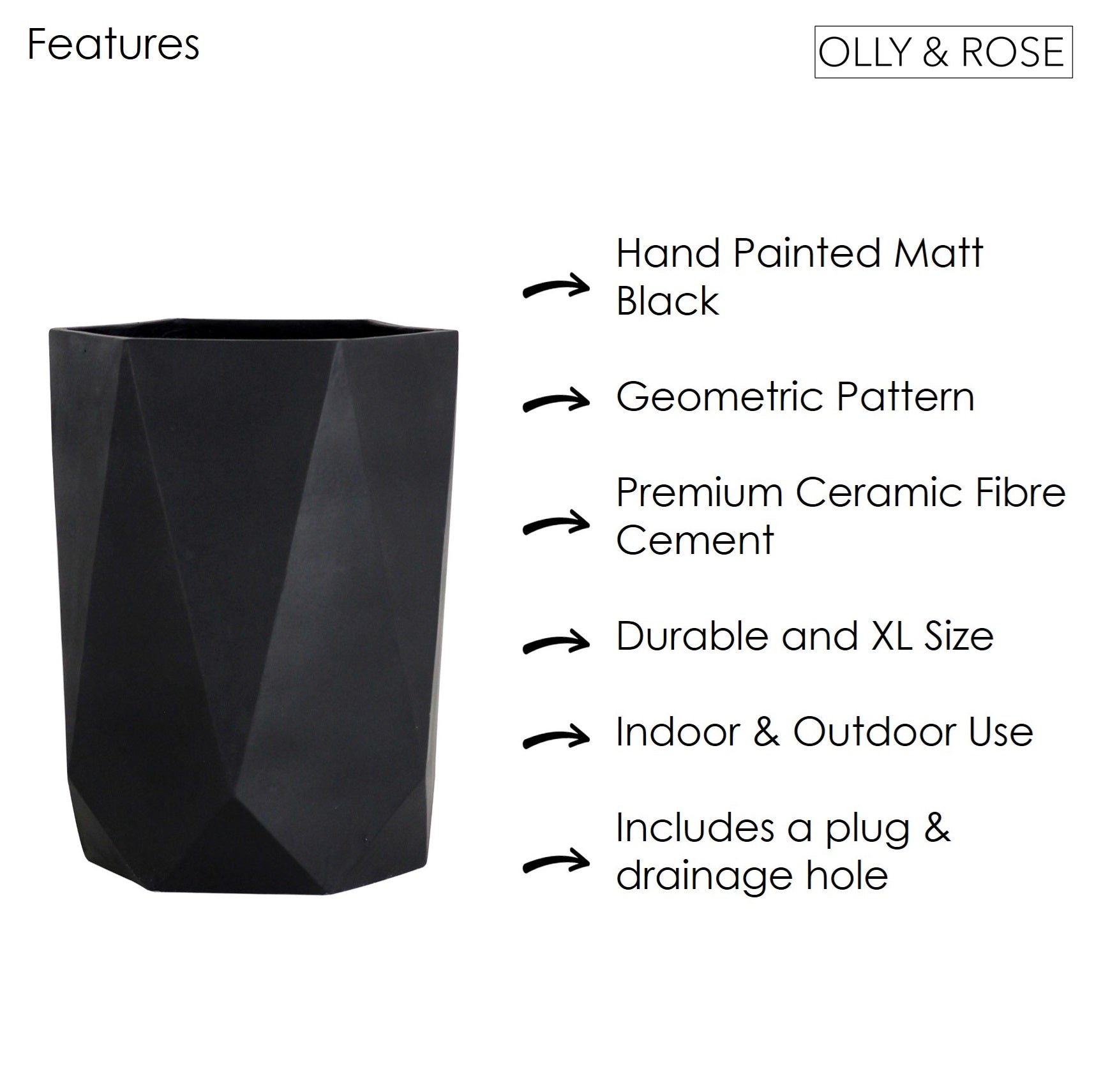 Olly & Rose Extra Large Plant Pot Geometric - Black Garden Planter - XL Flower Pot  - H 45cm D 34cm