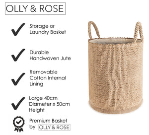 Olly & Rose Large Premium Woven Jute Handmade Storage and Laundry Basket with Liner 40cm x 50cm Large Baskets