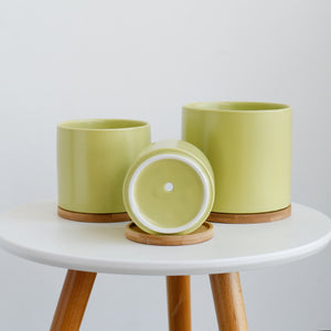 Chelsea Pastel Green Set 3 Ceramic Plant Pots with Bamboo Coasters