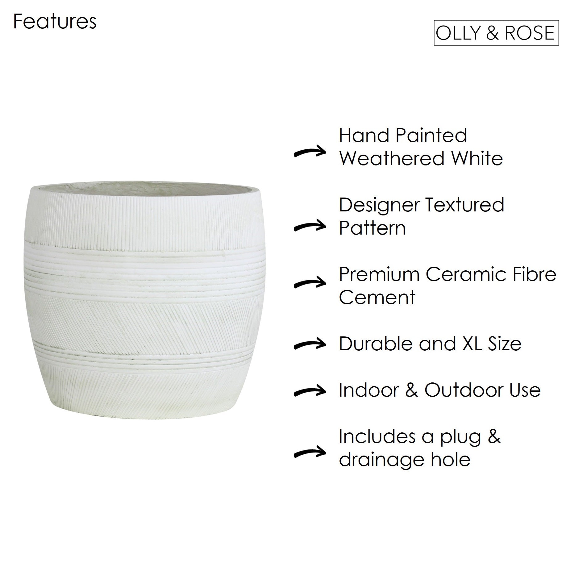 Olly & Rose Extra Large Plant Pot Patterned - Aged Off White Garden Planter - XL Flower Pot  - H 50cm D 44cm