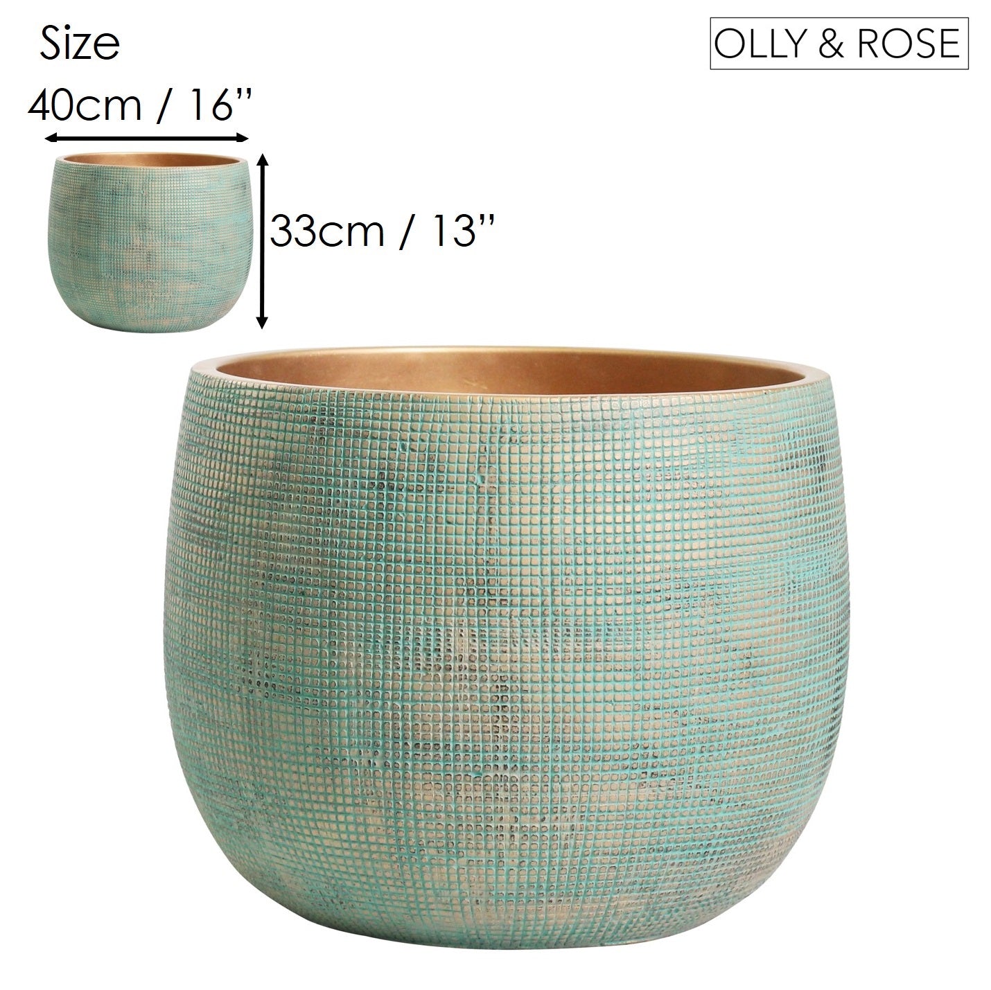 Olly & Rose Extra Large Plant Pot Patterned - Bali Teal Green Gold Garden Planter - XL Flower Pot  - 40cm