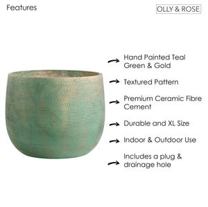 Olly & Rose Extra Large Plant Pot Patterned - Bali Teal Green Gold Garden Planter - XL Flower Pot  - 40cm