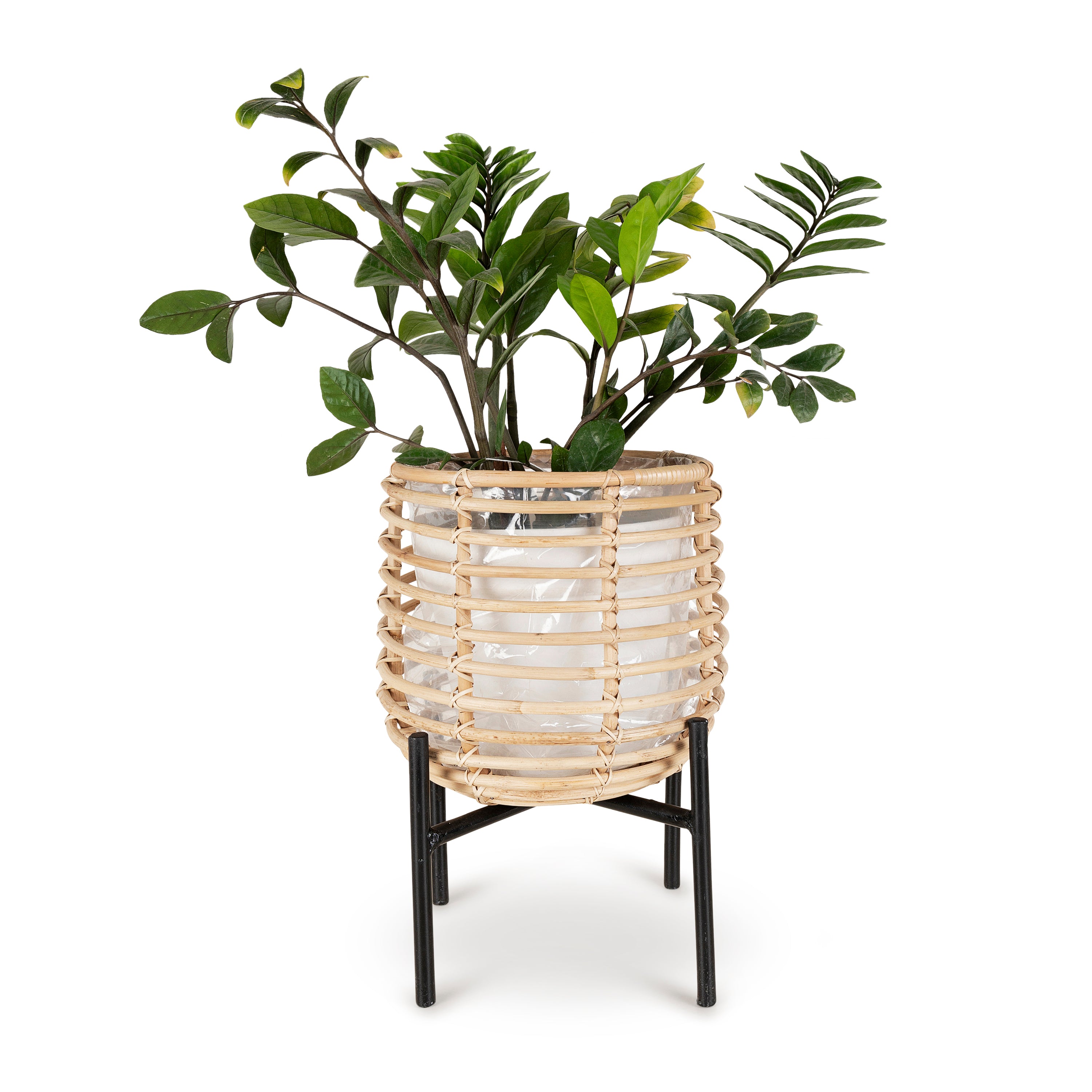 Olly & Rose Large Plant Stand Natural Rattan and Iron 24cm Diamter Large Planter Stand Plant Pot with Stand