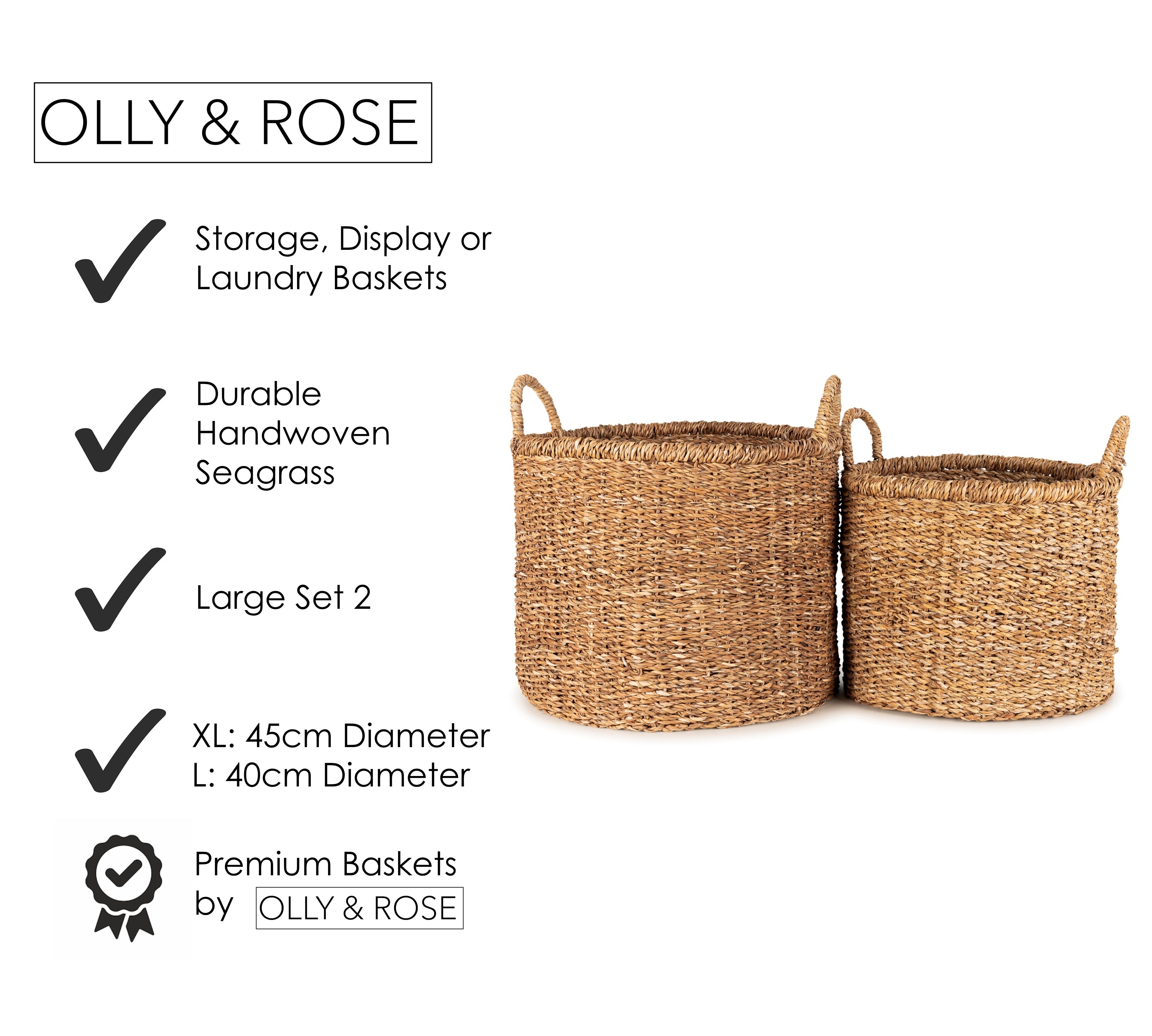 Olly & Rose Large Set 2 Premium Woven Seagrass Handmade Storage Baskets 45 and 40cm Diameter Large Baskets