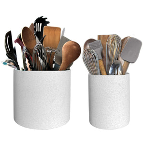 White Toughened Ceramic Utensil Holders Set 2 - White with Black speckles 16cm + 11cm - Kitchen and Bathroom Use