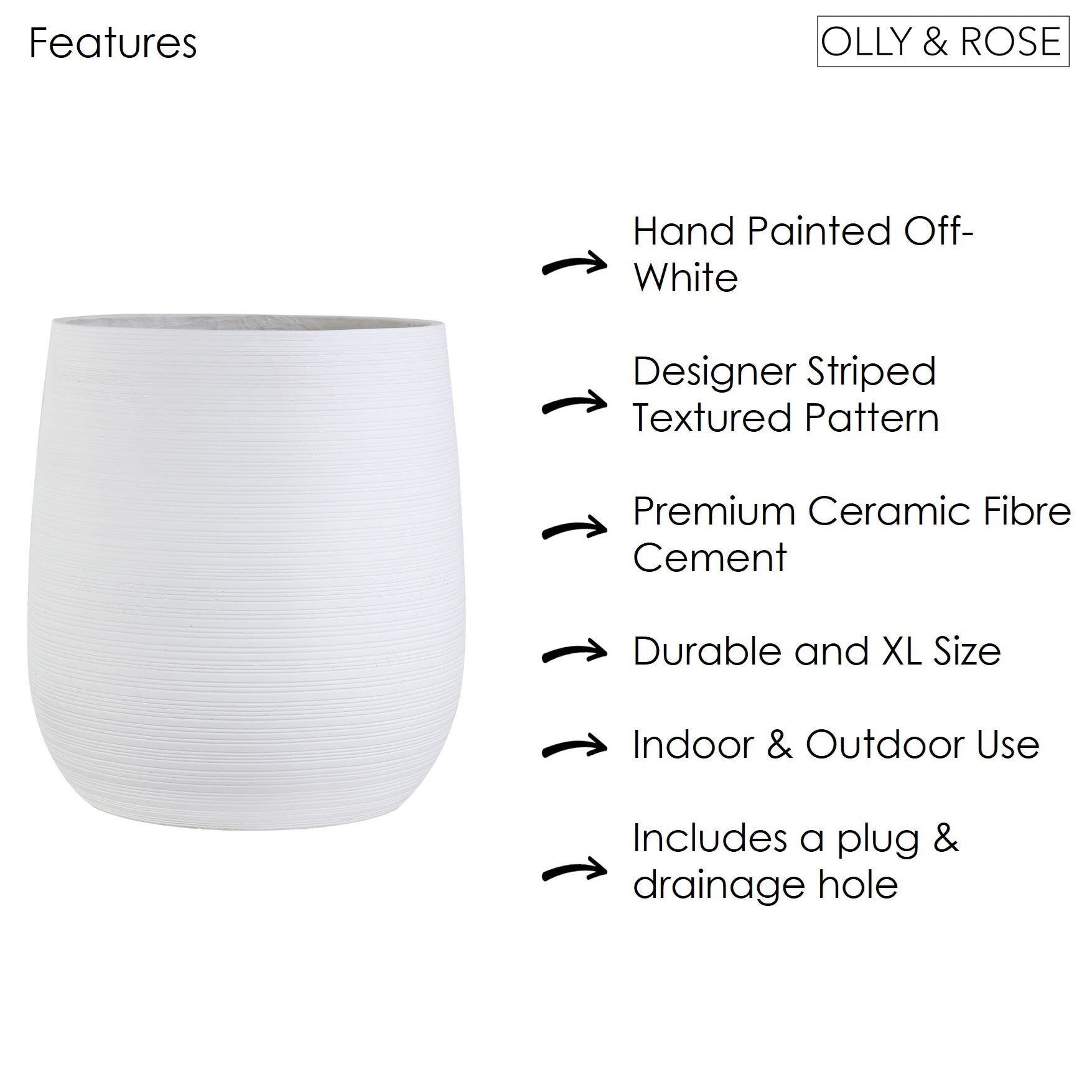 Olly & Rose Extra Large Plant Pot Patterned - Brushed White Garden Planter - XL Flower Pot  - H 50cm D 45cm