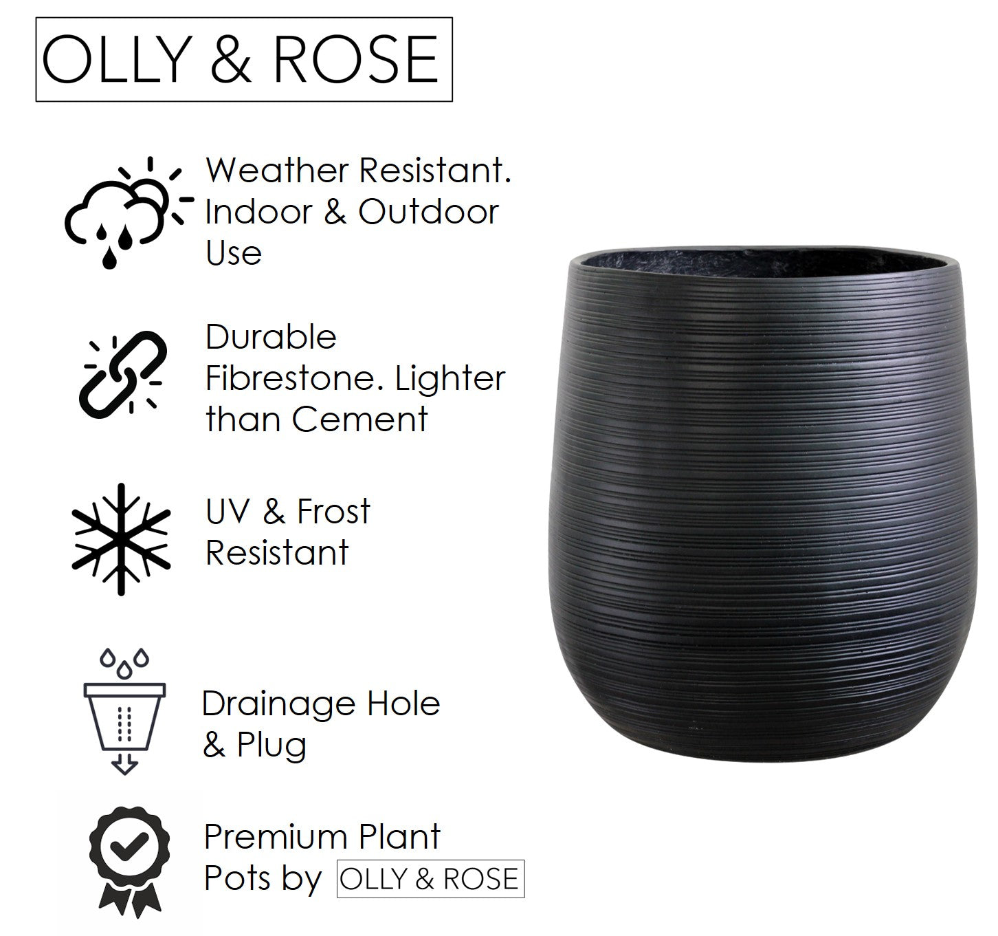 Olly & Rose Extra Large Plant Pot Patterned - Charcoal Black Garden Planter - XL Flower Pot  - H 50cm D 45cm