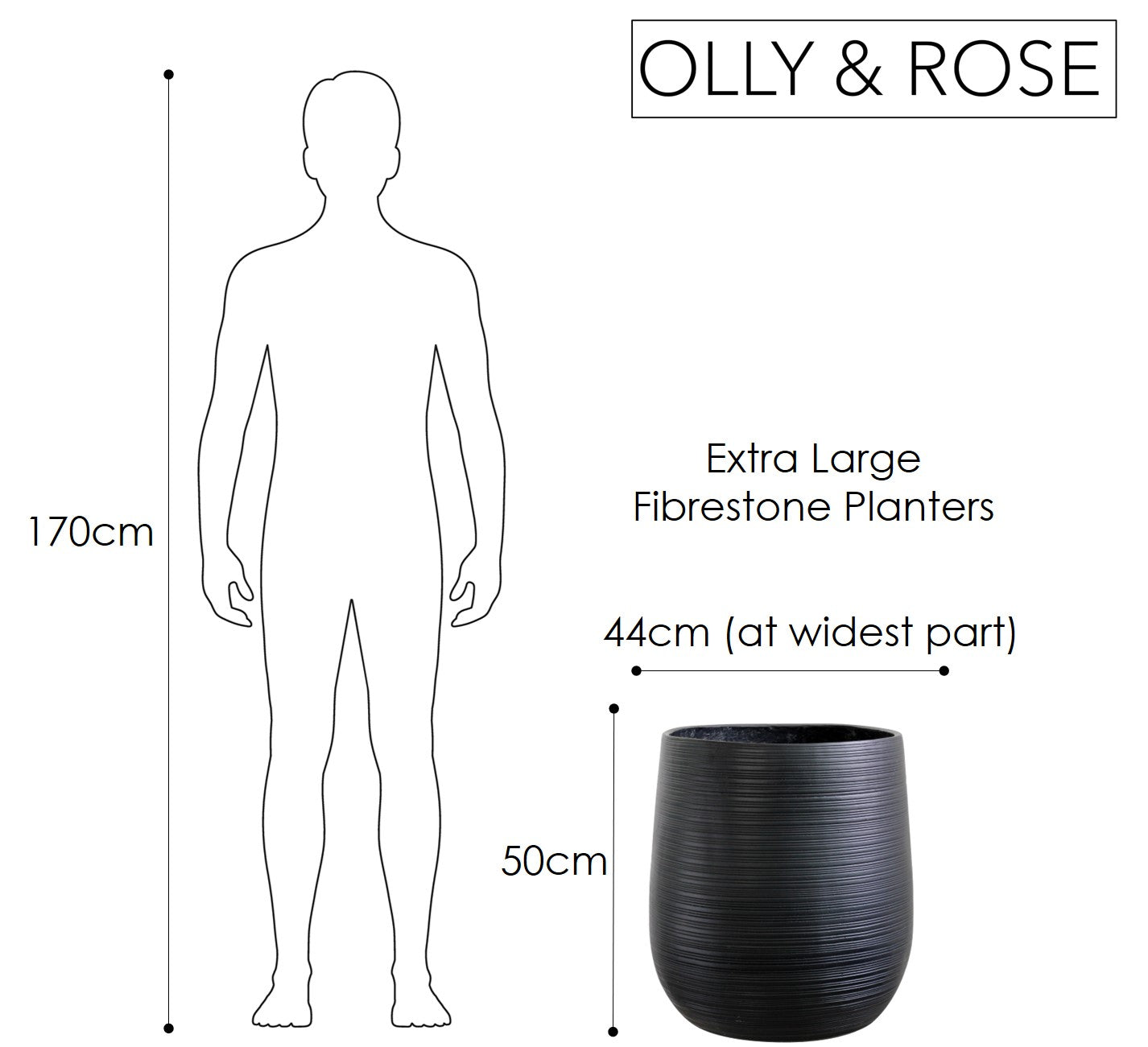 Olly & Rose Extra Large Plant Pot Patterned - Charcoal Black Garden Planter - XL Flower Pot  - H 50cm D 45cm