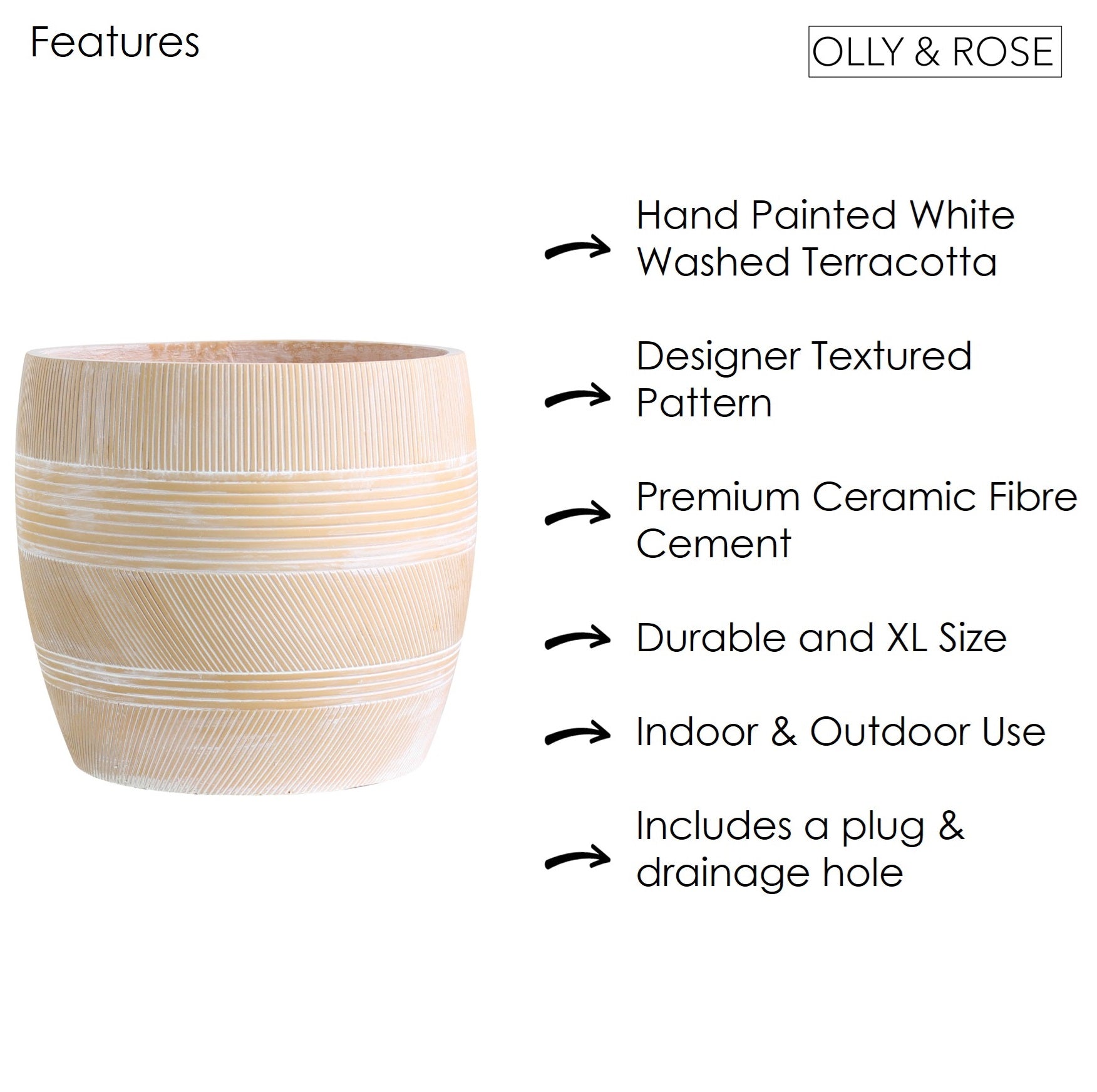 Olly & Rose Extra Large Plant Pot Patterned - Fibre Cement Terracotta Garden Planter - XL Flower Pot  - H 50cm D 44cm