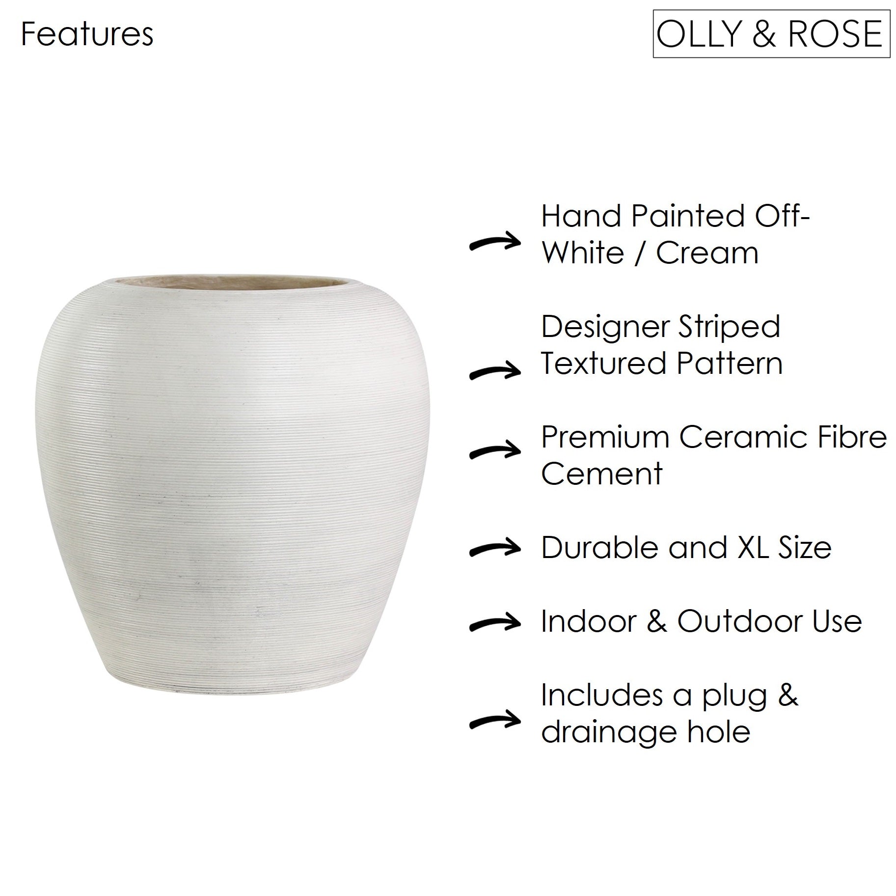 Olly & Rose Extra Large Indoor and Outdoor Planter - Aged White Vase Planter - 39cm XL