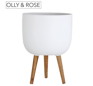 Olly & Rose Extra Large Plant Pot Stand - White Garden Planter Stand 38cm - Patterned XL Flower Pot with Stand