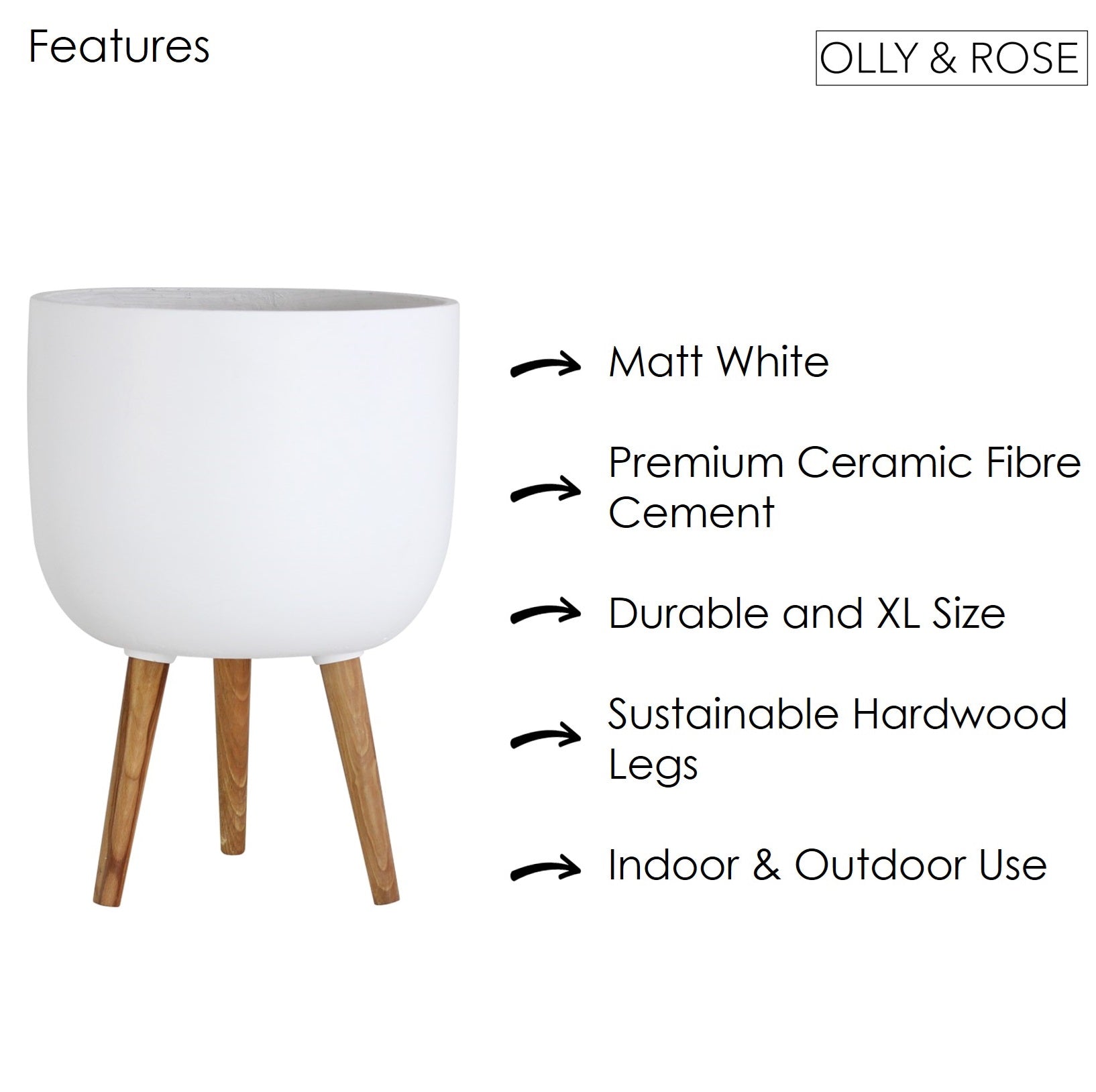 Olly & Rose Extra Large Plant Pot Stand - White Garden Planter Stand 38cm - Patterned XL Flower Pot with Stand