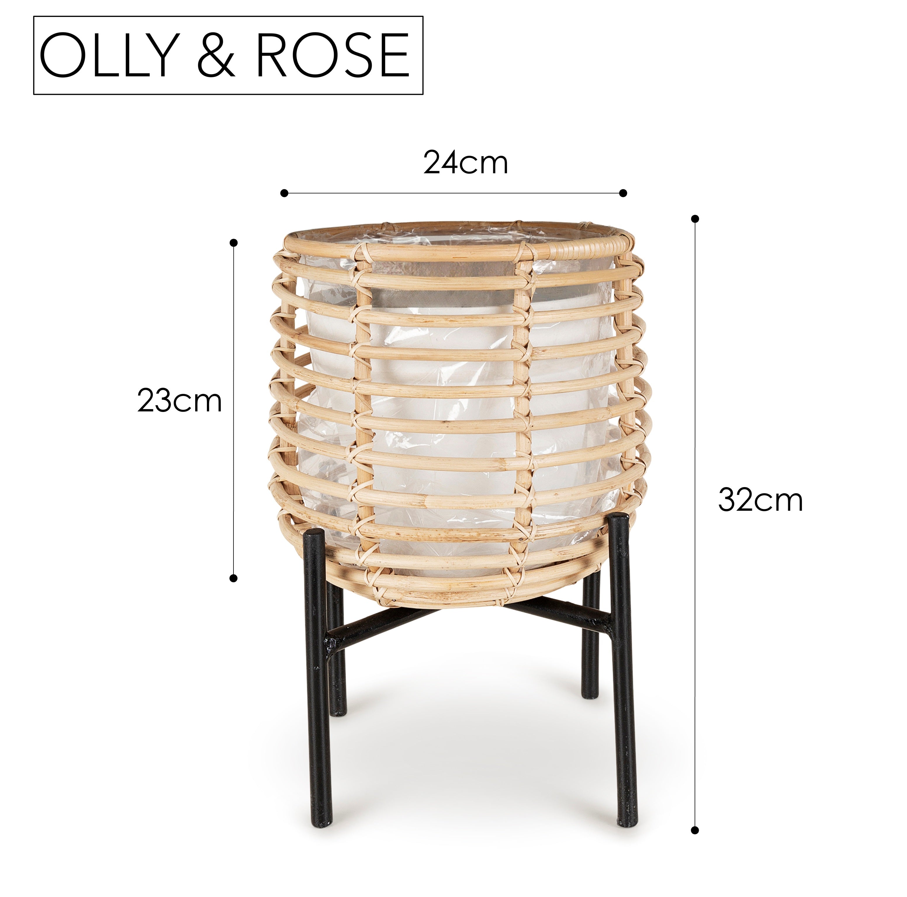 Olly & Rose Large Plant Stand Natural Rattan and Iron 24cm Diamter Large Planter Stand Plant Pot with Stand