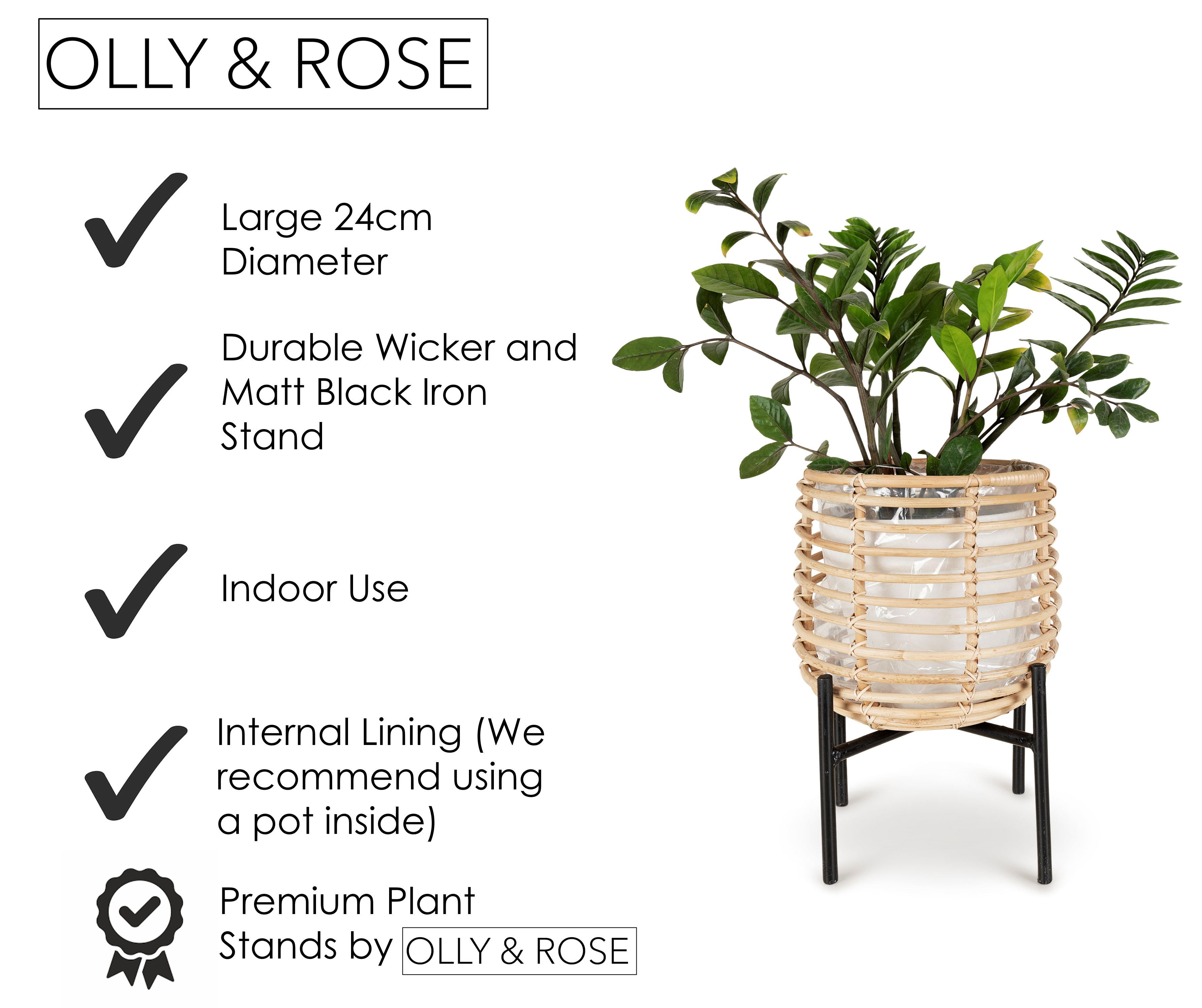 Olly & Rose Large Plant Stand Natural Rattan and Iron 24cm Diamter Large Planter Stand Plant Pot with Stand