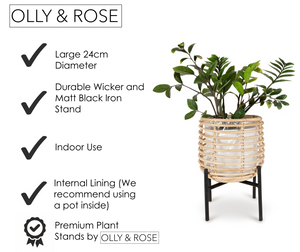 Olly & Rose Large Plant Stand Natural Rattan and Iron 24cm Diamter Large Planter Stand Plant Pot with Stand