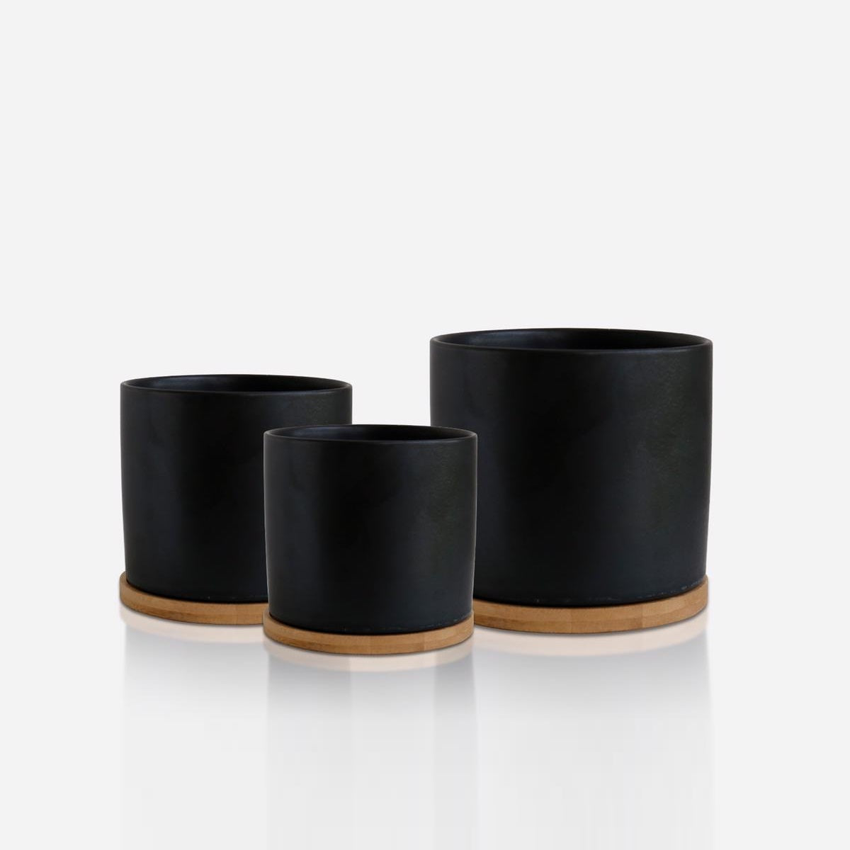 Chelsea Matt Black Set 3 Ceramic Plant Pots with Bamboo Coasters