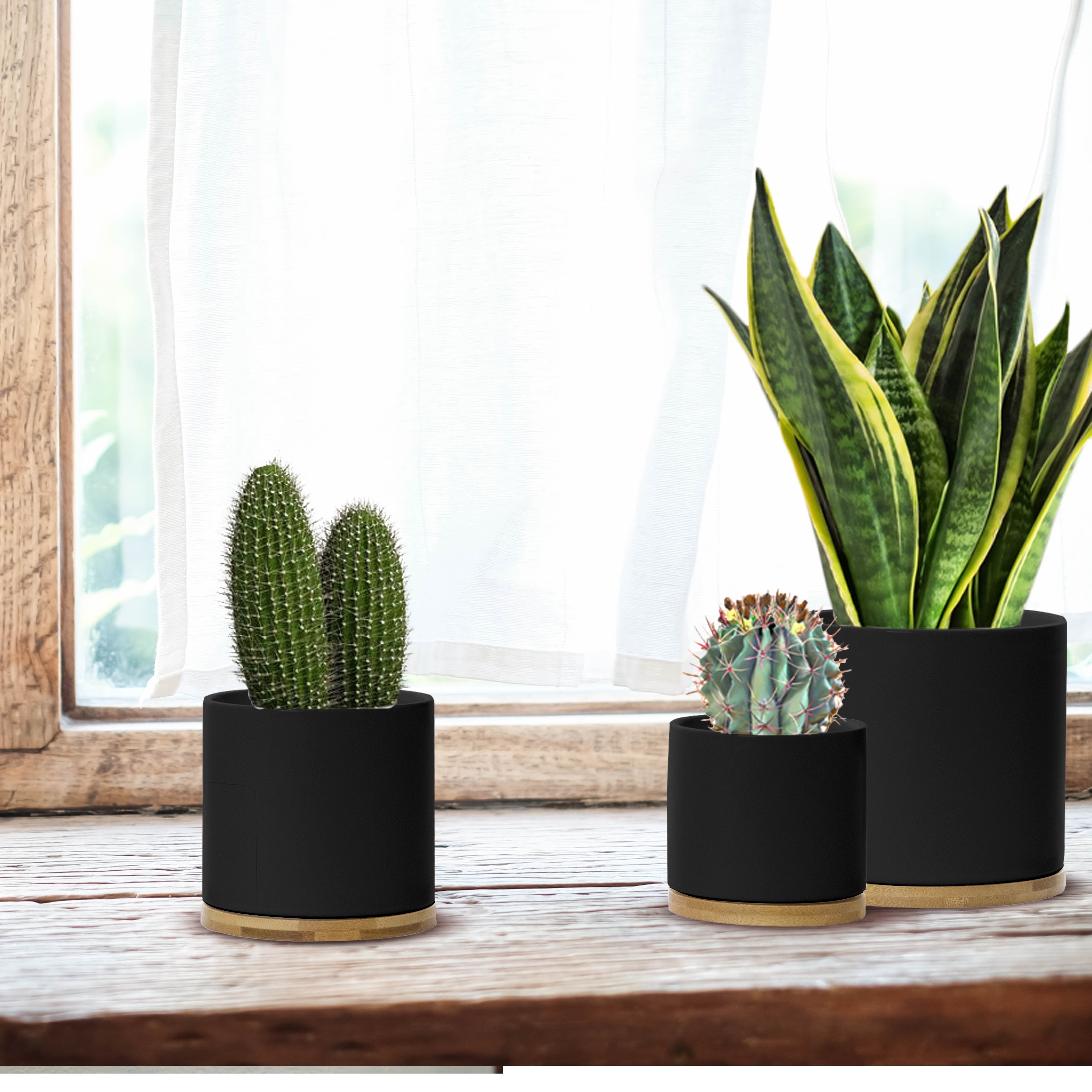 Chelsea Matt Black Set 3 Ceramic Plant Pots with Bamboo Coasters