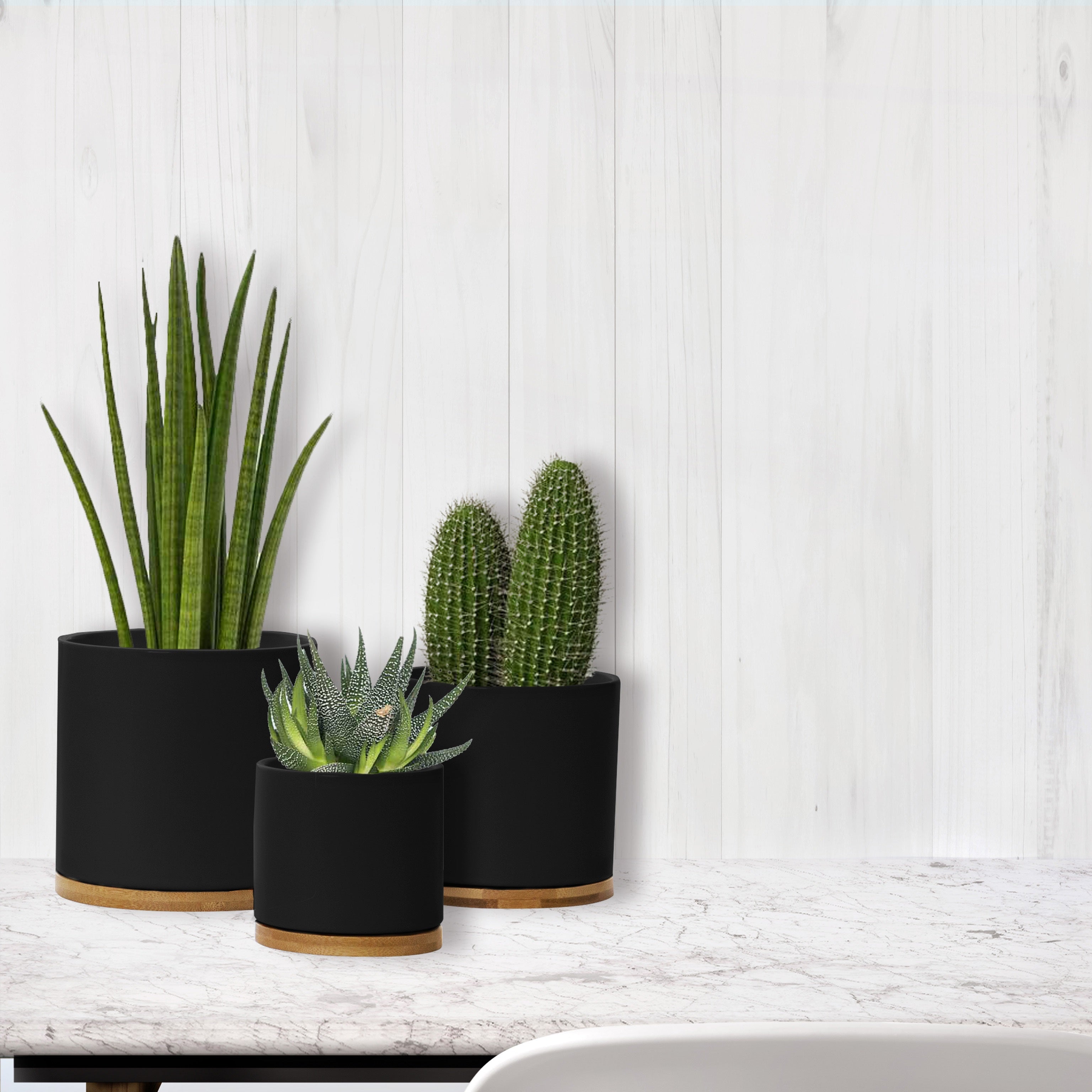 Chelsea Matt Black Set 3 Ceramic Plant Pots with Bamboo Coasters