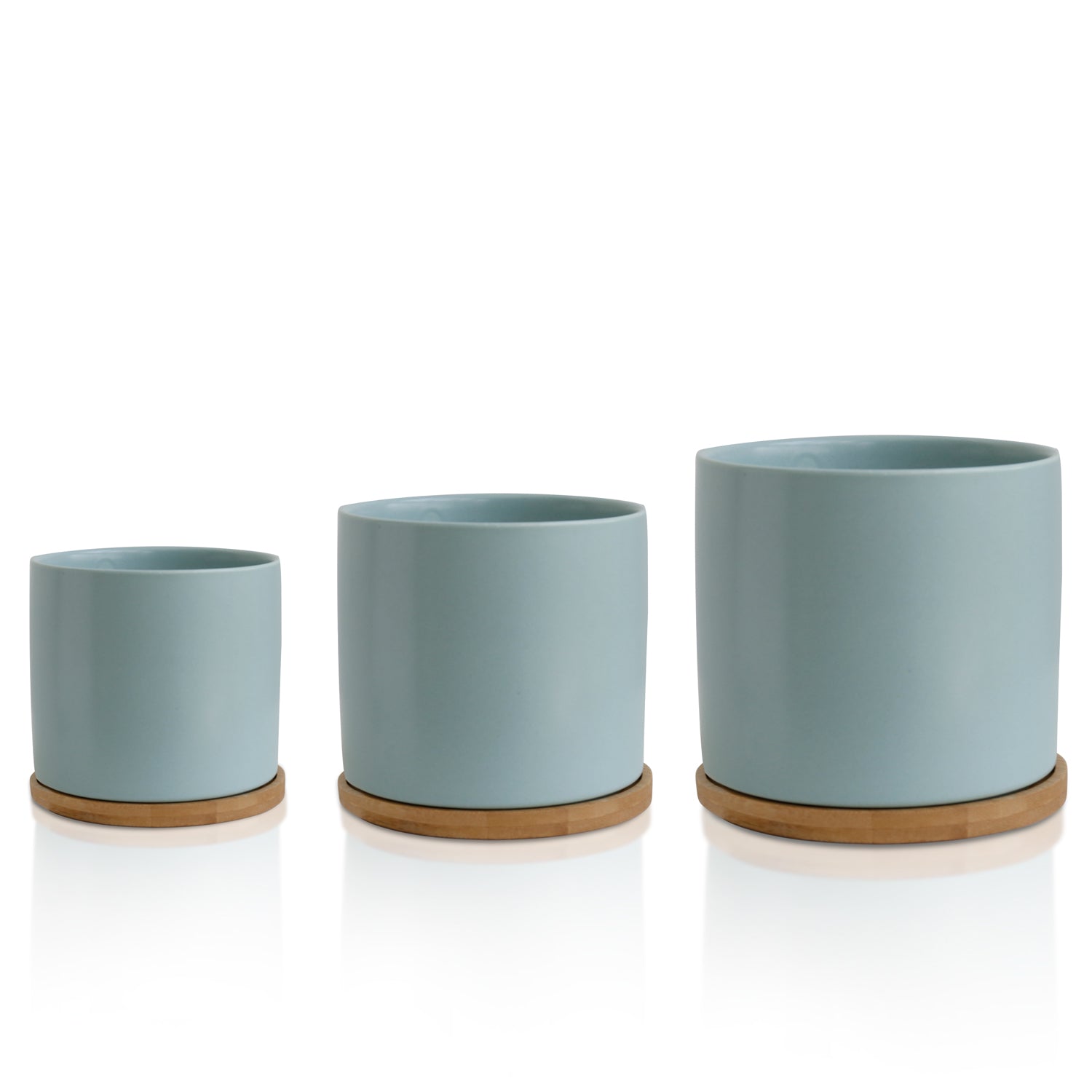 Pastel Blue Ceramic Plant Pots with Bamboo Saucers - Set 3