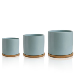 Pastel Blue Ceramic Plant Pots with Bamboo Saucers - Set 3