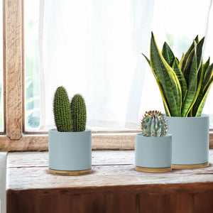 Pastel Blue Ceramic Plant Pots with Bamboo Saucers - Set 3