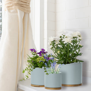 Pastel Blue Ceramic Plant Pots with Bamboo Saucers - Set 3