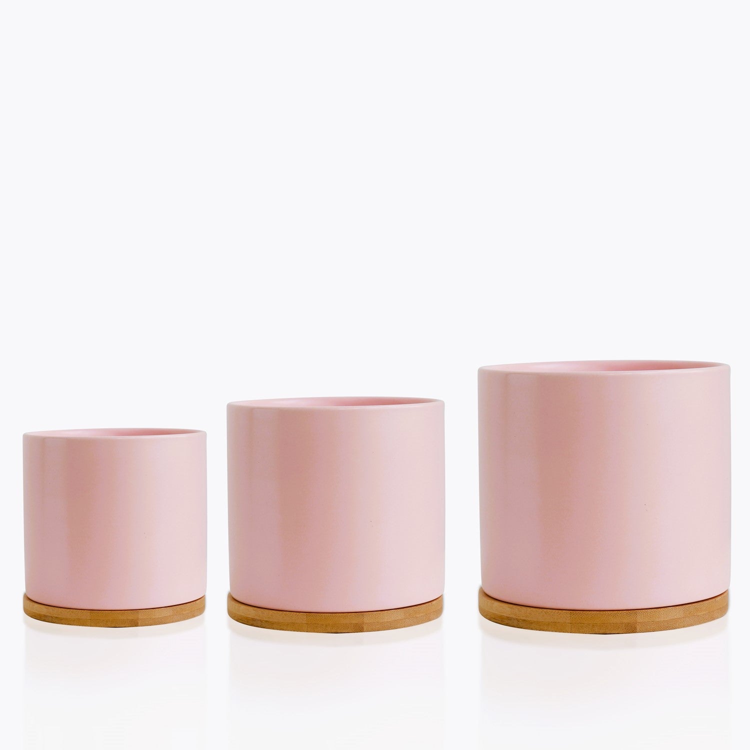 Pastel Pink Ceramic Plant Pots with Bamboo Saucers - Set 3