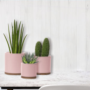 Pastel Pink Ceramic Plant Pots with Bamboo Saucers - Set 3