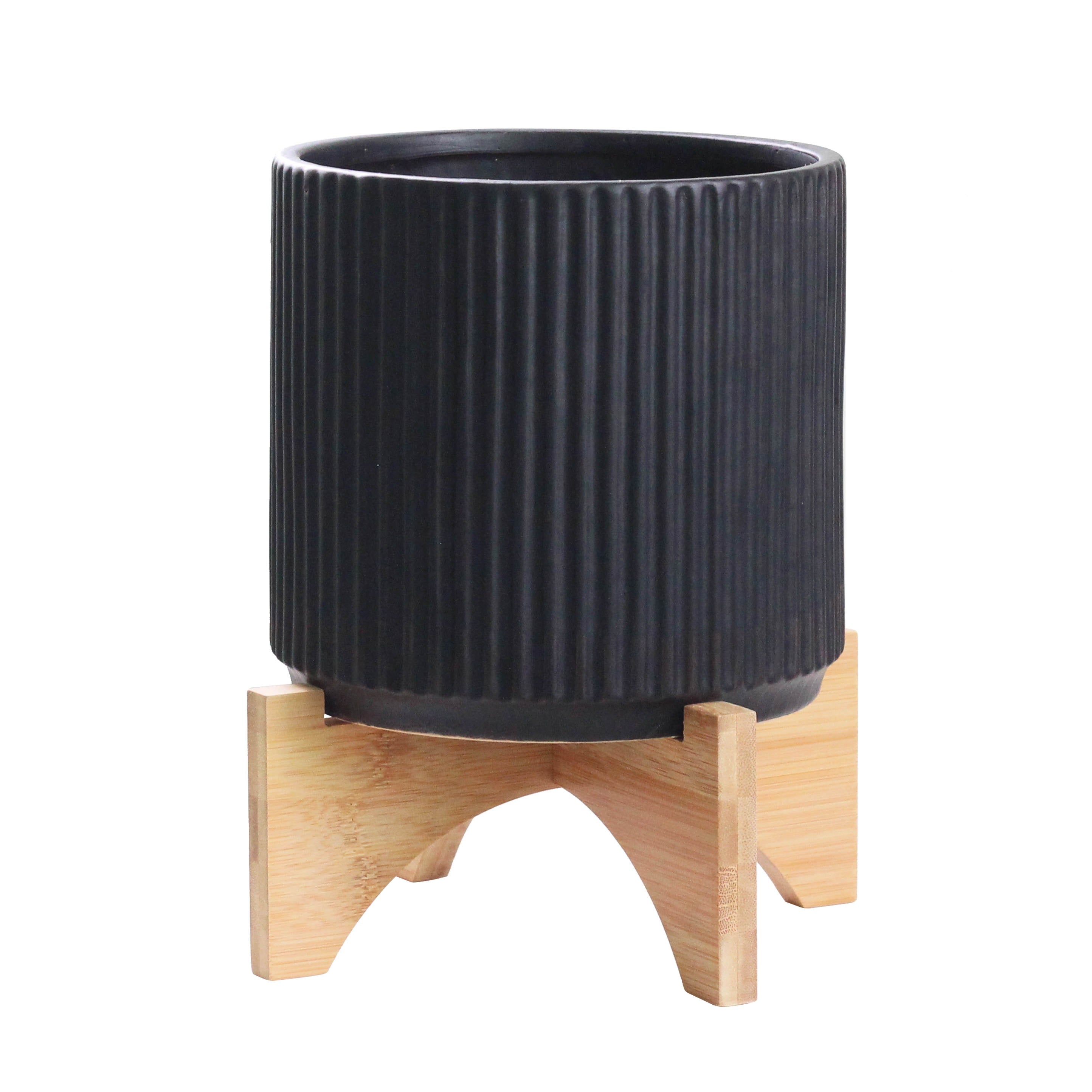 Ibiza Vertical Line 20cm Pot with Wood Stand - Matt Black