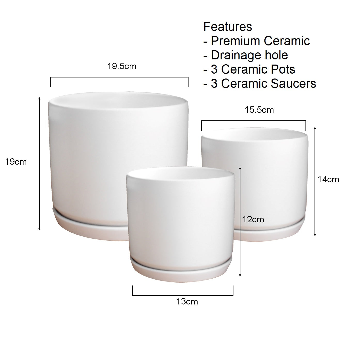 Matt White Ceramic Plant Pots - Set 3 with Saucers