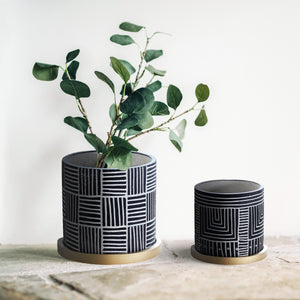 Cleo Black Etched Design with Gold Saucers - Plant Pots - Set 2