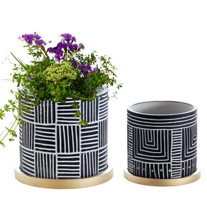 Cleo Black Etched Design with Gold Saucers - Plant Pots - Set 2