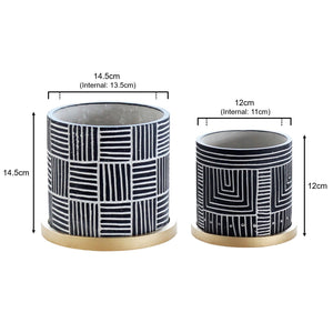 Cleo Black Etched Design with Gold Saucers - Plant Pots - Set 2