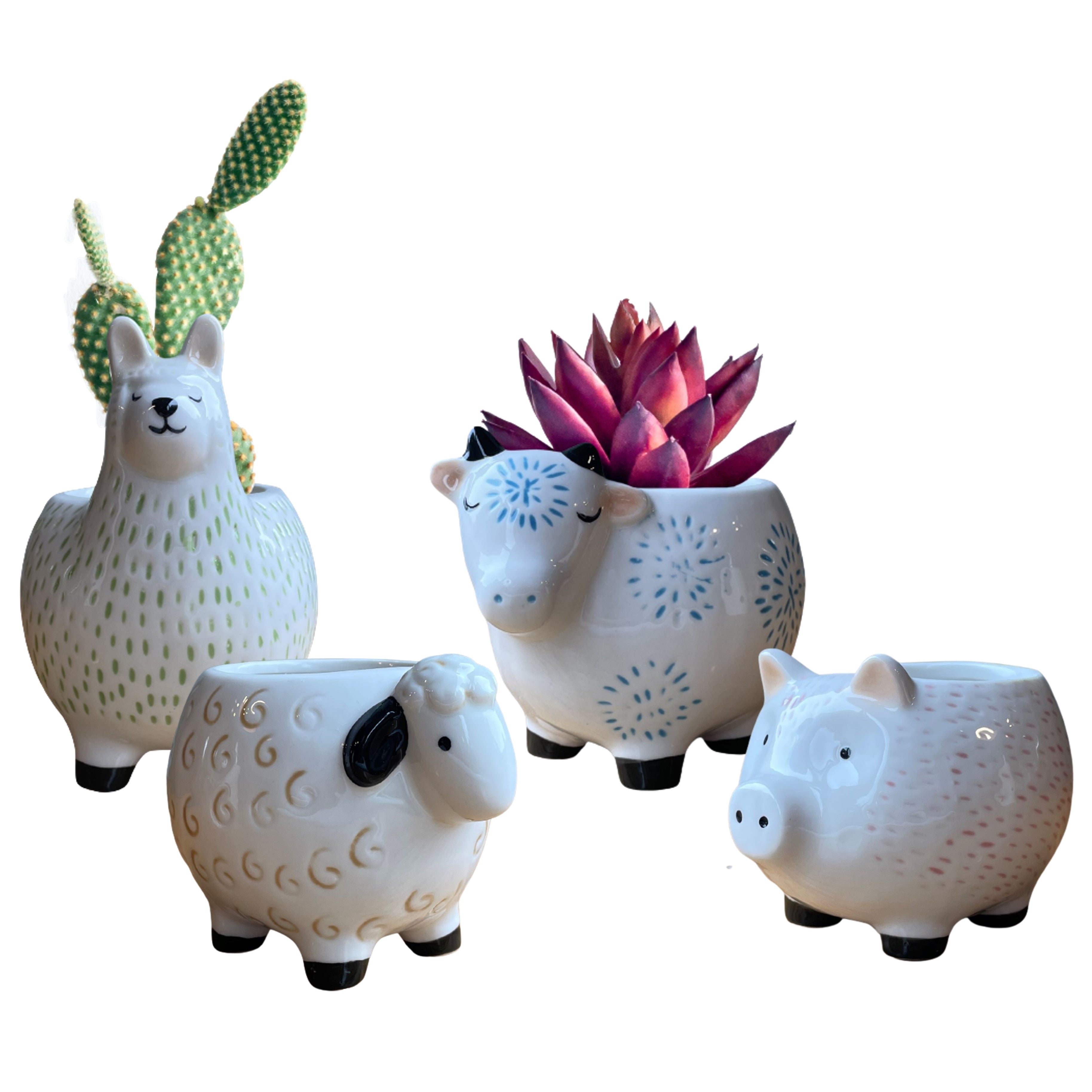 Farmyard Animal Plant Pots - Pig, Cow, Alpaca, Sheep - Set 4