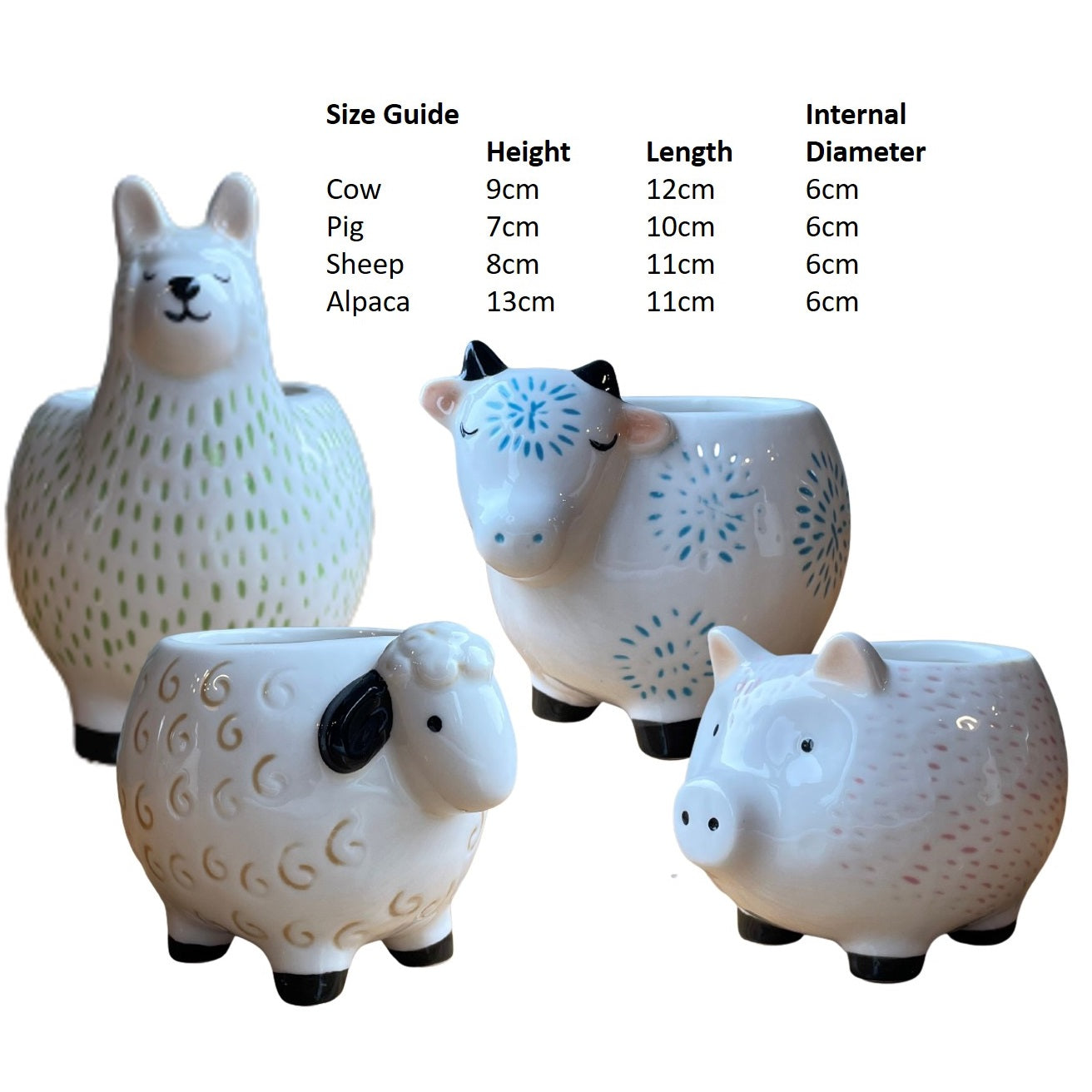 Farmyard Animal Plant Pots - Pig, Cow, Alpaca, Sheep - Set 4