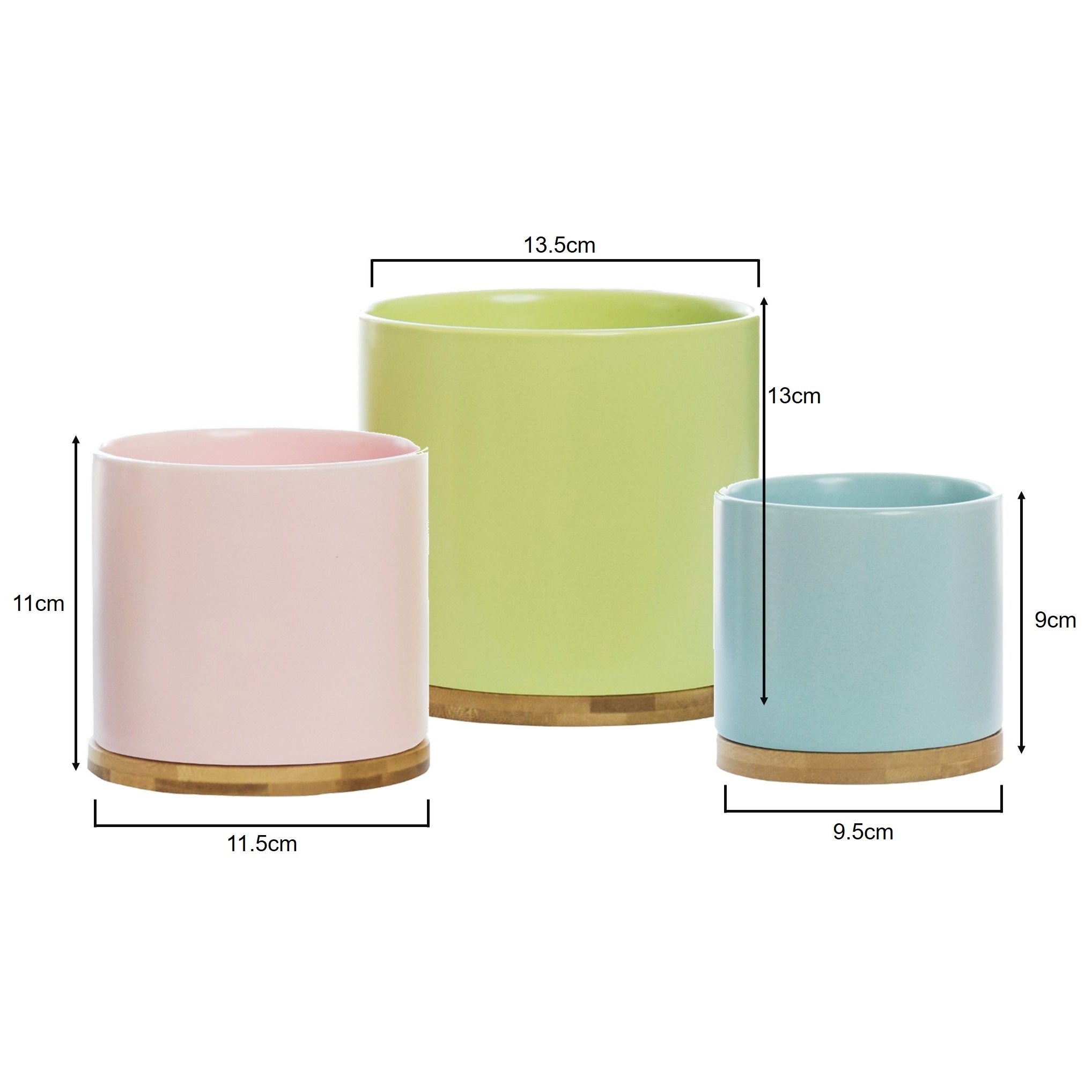 Gelato Ceramic Plant Pots with Bamboo Saucers - Set 3