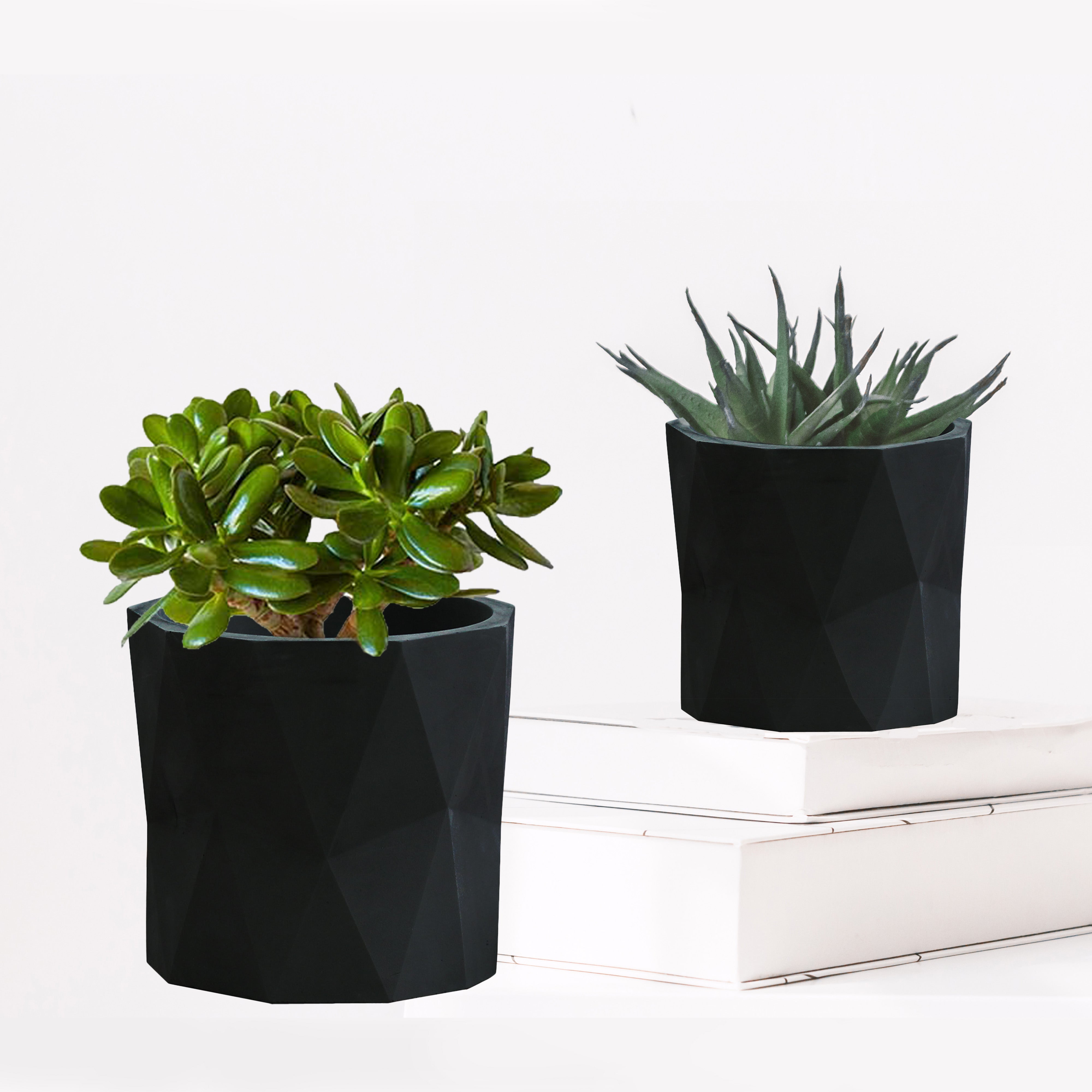 Geometric Plant Pots - Black Ceramic - Set 2