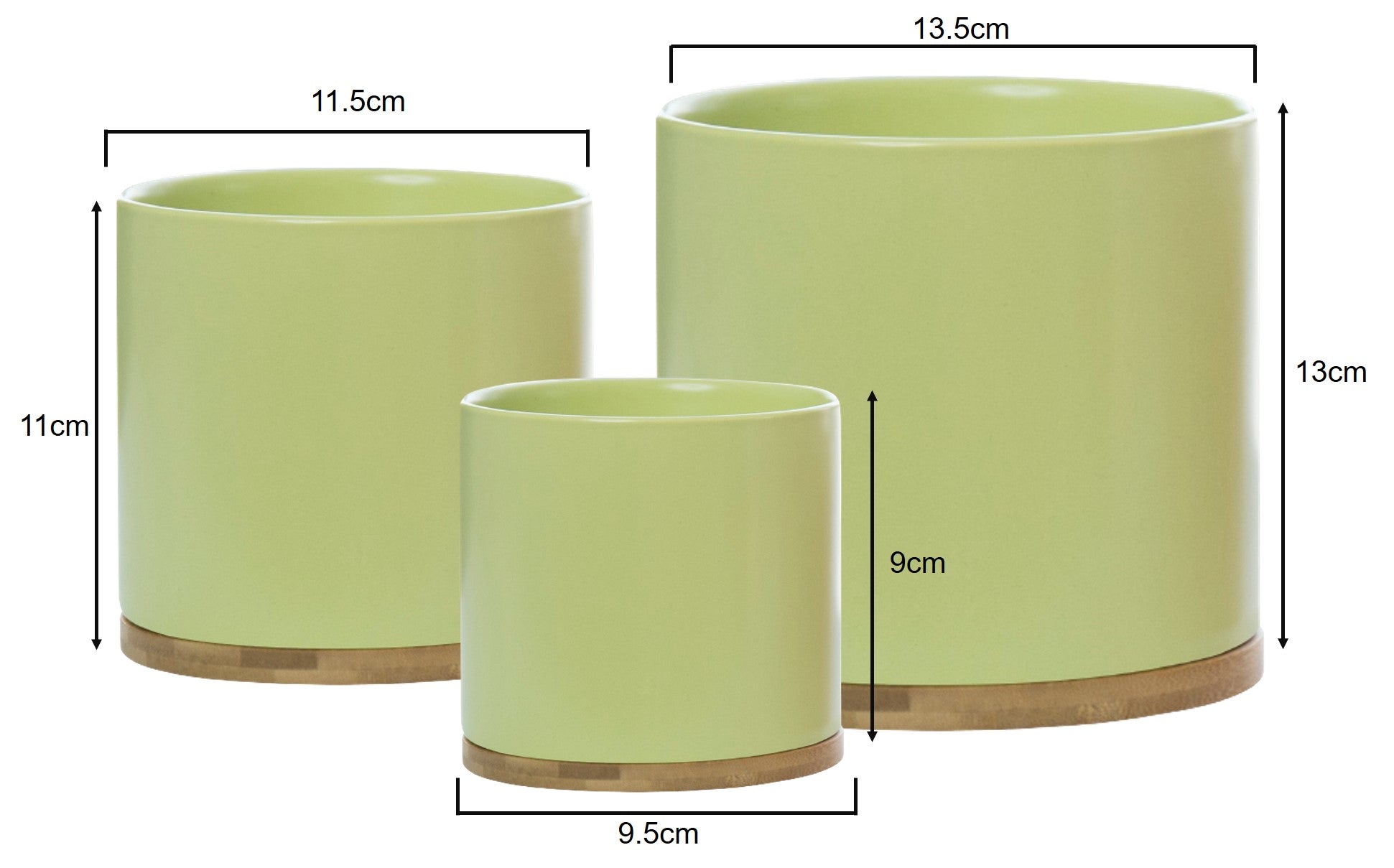 Pastel Green Ceramic Plant Pots with Bamboo Saucers - Set 3