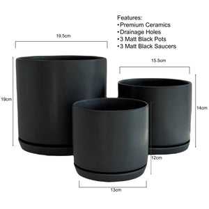 Matt Black Ceramic Plant Pots - Set 3 with Saucers